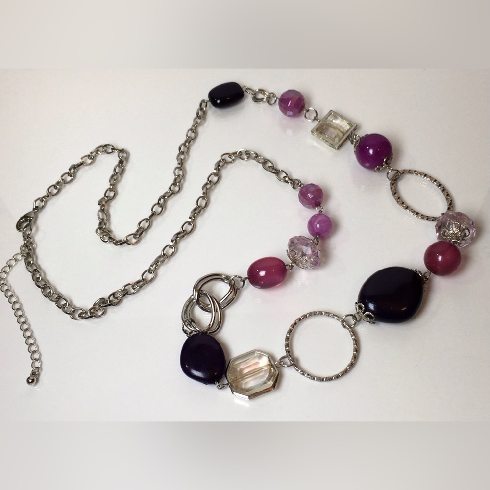 Pink And Purple Bead Silver Tone Chain Necklace 36.5 Inches